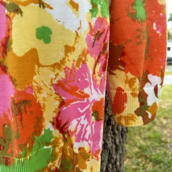 100% Pima Cotton Watercolor Cardigan Size M Petite‎ Floral Colorful 3/4 Sleeve - Picture 5 of 8